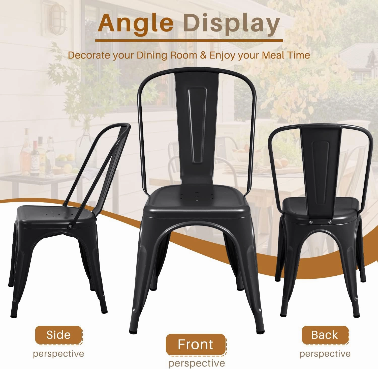 Furmax Metal Dining Chair Indoor-Outdoor Use Stackable Classic Trattoria Chair Chic Dining Bistro Cafe Side Metal Chairs Set of 4 (Black)