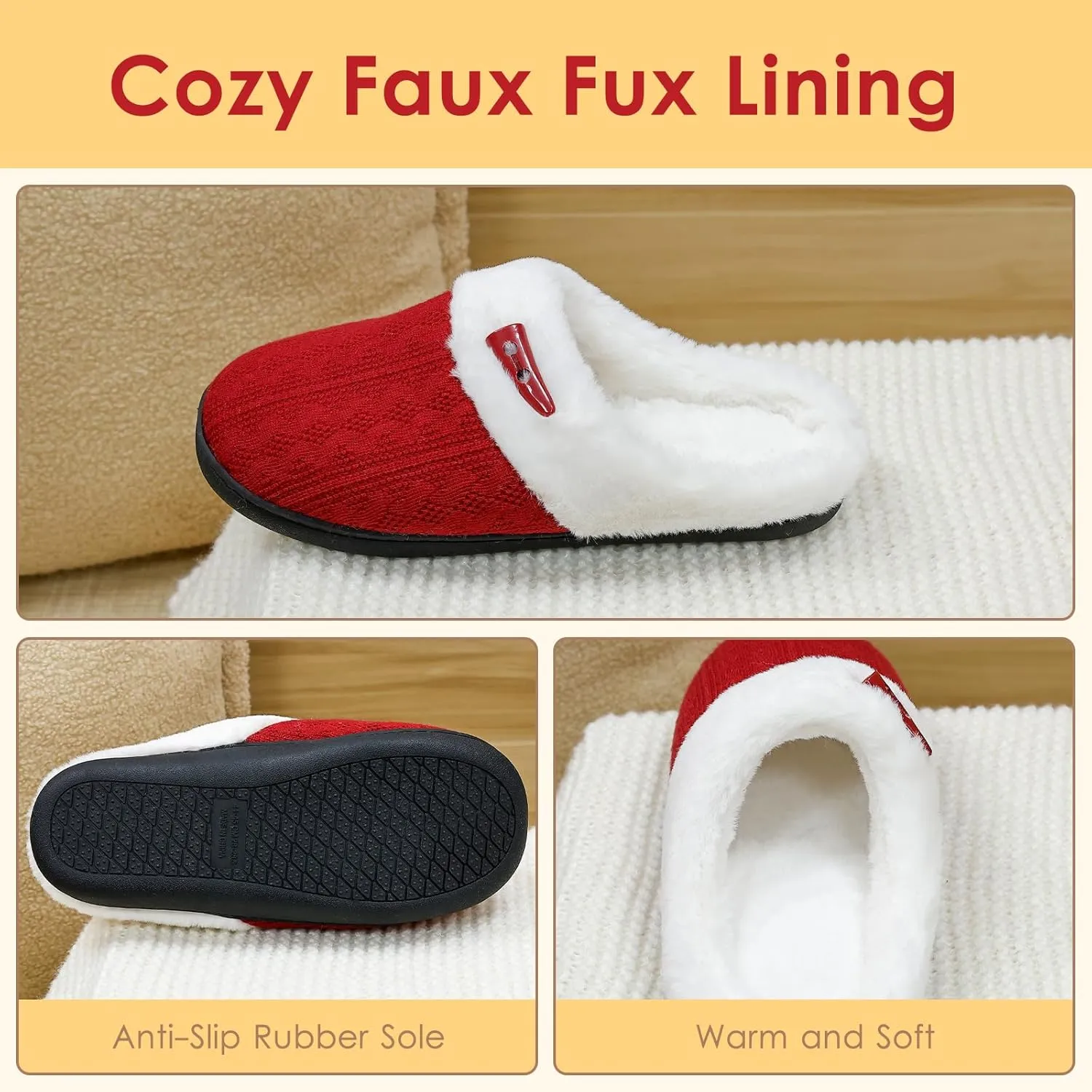 Fuzzy Knitted Slippers for Women Men, Soft Lightweight Anti-Skid Sole, Warm Comfy Bedroom House Indoor Outdoor Shoes