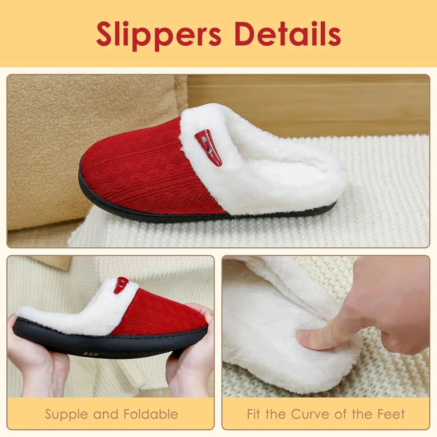 Fuzzy Knitted Slippers for Women Men, Soft Lightweight Anti-Skid Sole, Warm Comfy Bedroom House Indoor Outdoor Shoes