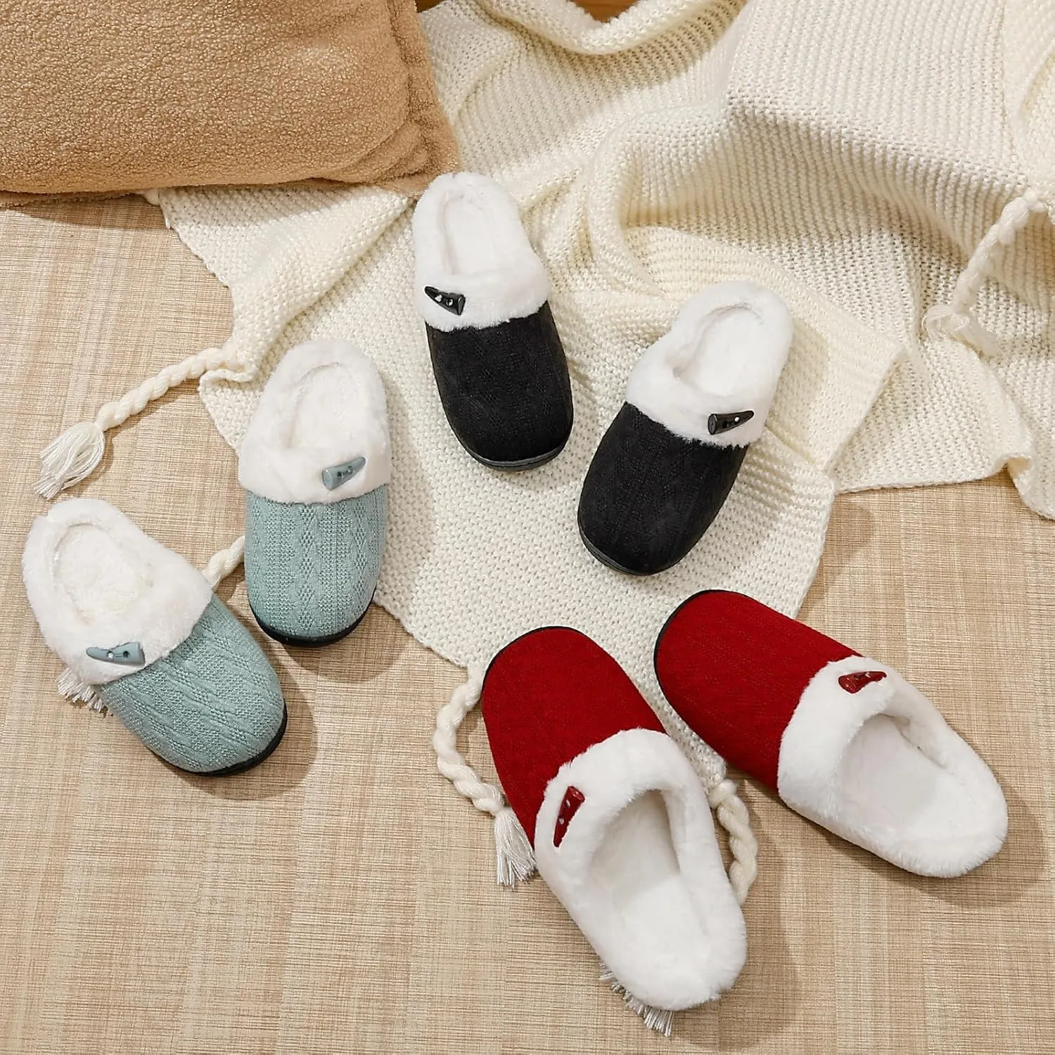 Fuzzy Knitted Slippers for Women Men, Soft Lightweight Anti-Skid Sole, Warm Comfy Bedroom House Indoor Outdoor Shoes