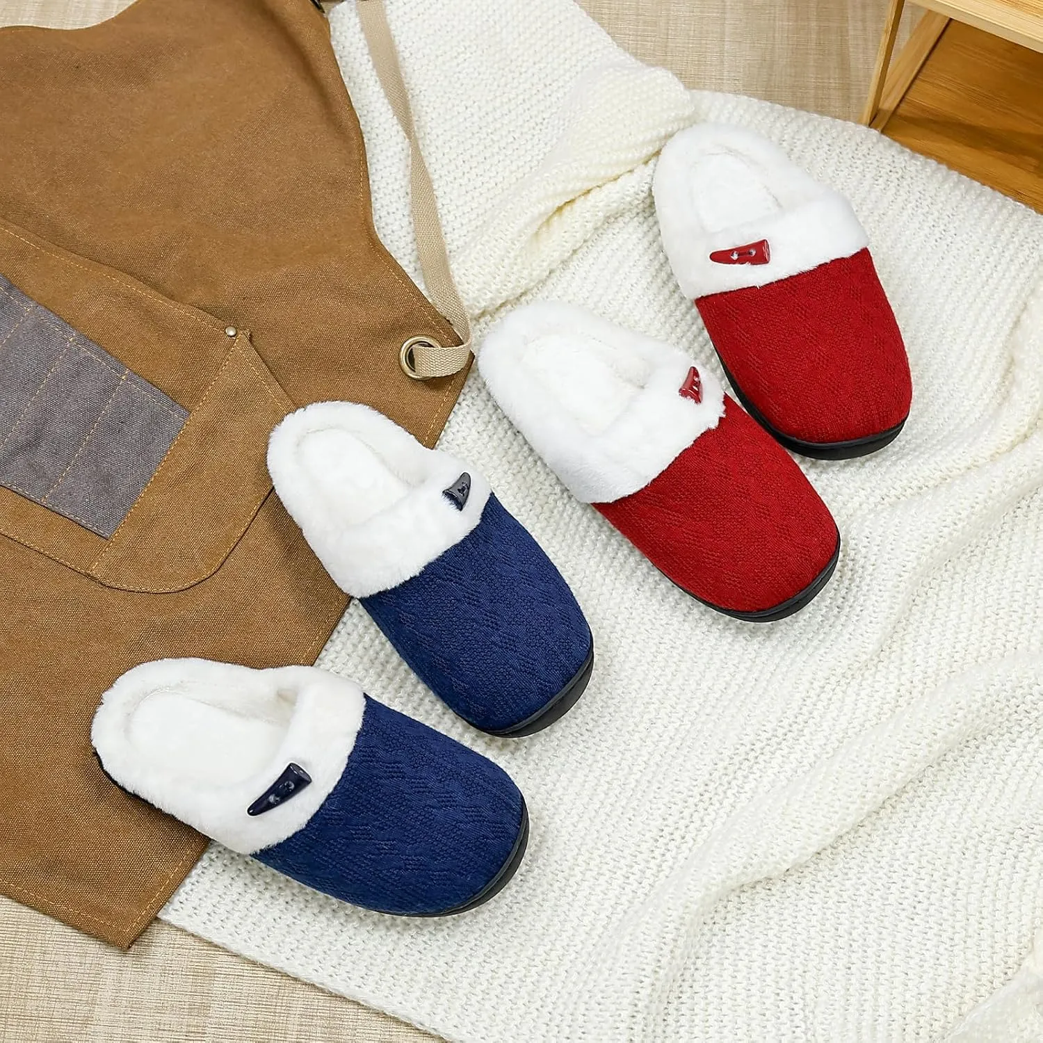 Fuzzy Knitted Slippers for Women Men, Soft Lightweight Anti-Skid Sole, Warm Comfy Bedroom House Indoor Outdoor Shoes