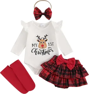 FYBITBO Newborn Baby Girl Christmas Outfits Cute Letter Romper Ruffle Plaid Skirt Dress Infant Christmas Outfit Clothes Set