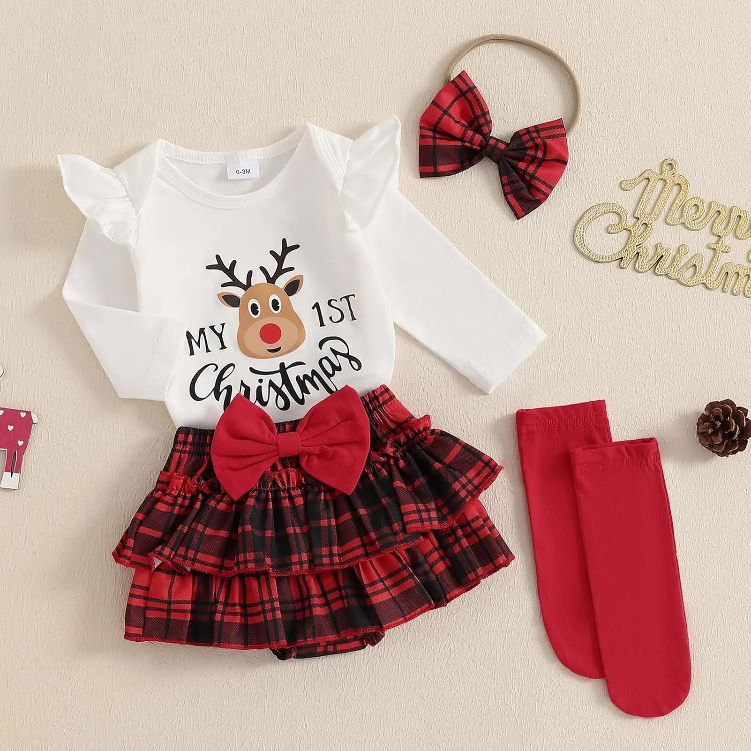FYBITBO Newborn Baby Girl Christmas Outfits Cute Letter Romper Ruffle Plaid Skirt Dress Infant Christmas Outfit Clothes Set