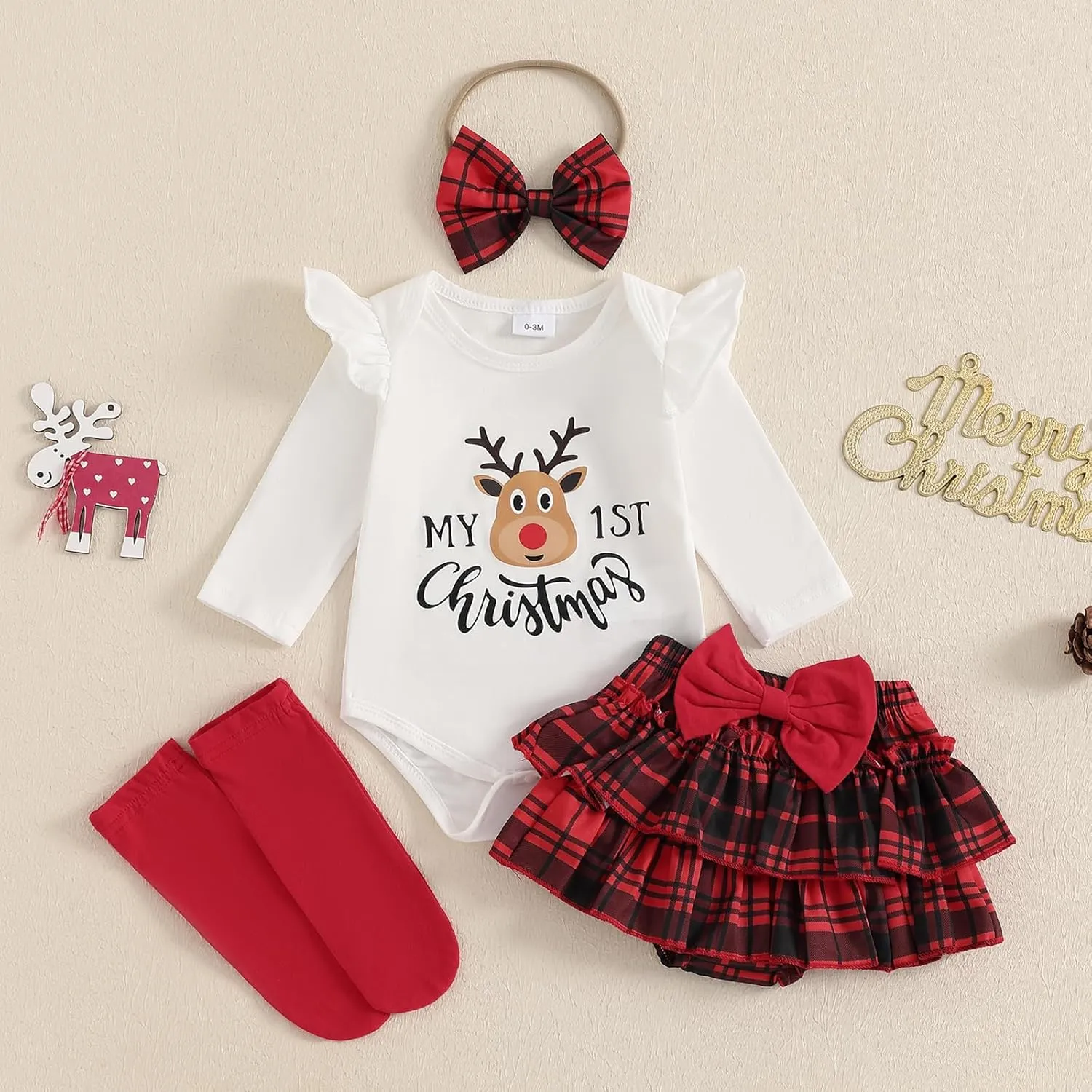 FYBITBO Newborn Baby Girl Christmas Outfits Cute Letter Romper Ruffle Plaid Skirt Dress Infant Christmas Outfit Clothes Set