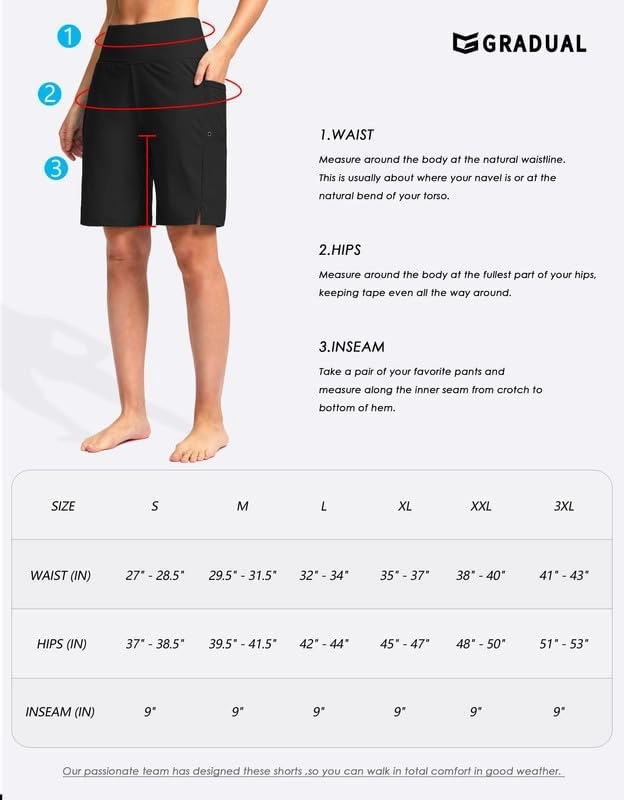 G Gradual Women's 9" Long Swim Board Shorts with Pockets High Waisted Knee Length Beach Swimming Shorts for Women with Liner
