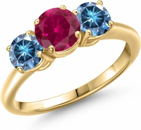 Gem Stone King 18K Yellow Gold Plated Silver Ring Round Red Created Ruby and Vivid Persian Blue Moissanite (2.00 Cttw)