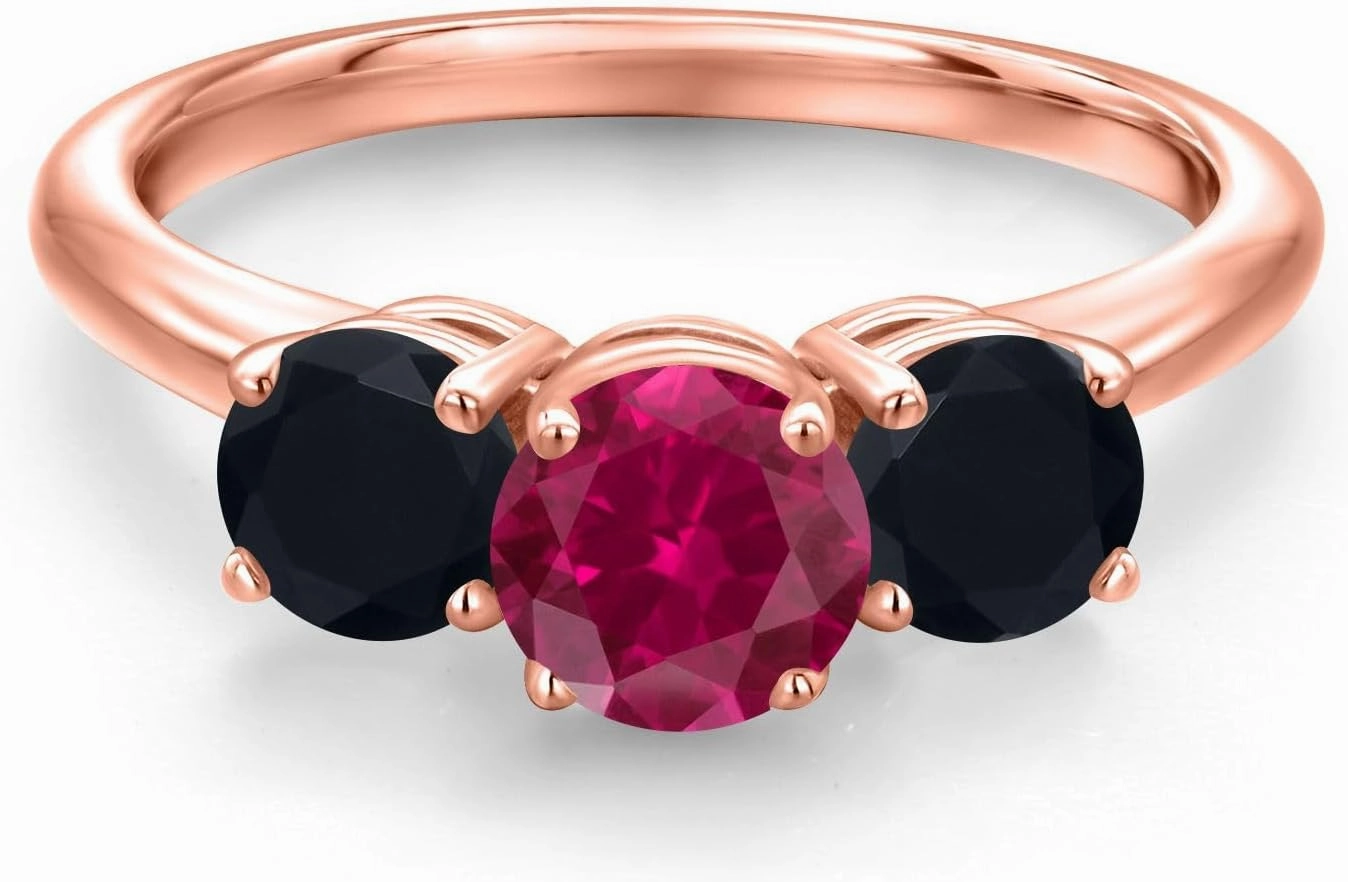 Gem Stone King 1.95 Ct Round Red Created Ruby Black Onyx 18K Rose Gold Plated Silver Ring