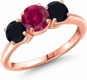 Gem Stone King 1.95 Ct Round Red Created Ruby Black Onyx 18K Rose Gold Plated Silver Ring