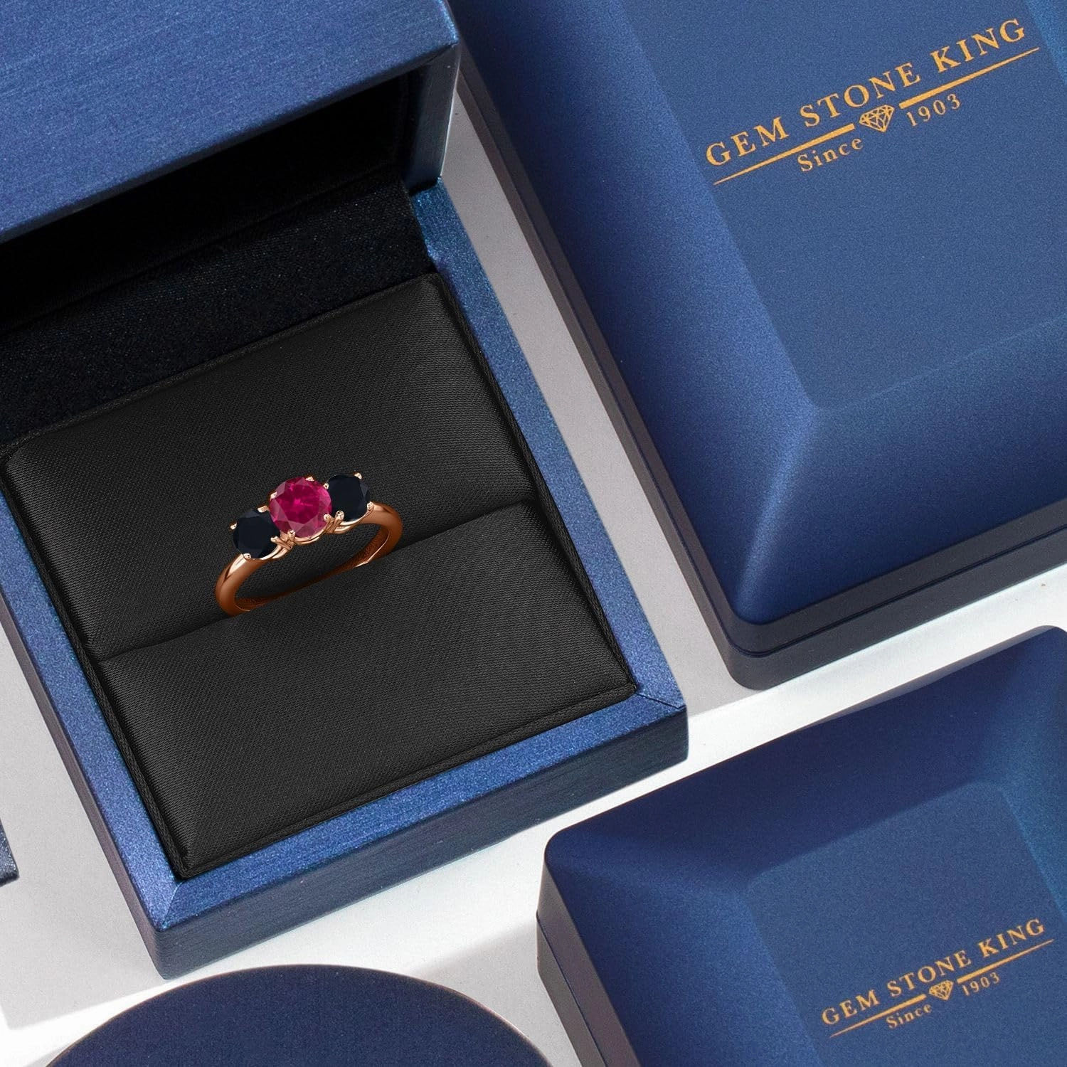 Gem Stone King 1.95 Ct Round Red Created Ruby Black Onyx 18K Rose Gold Plated Silver Ring