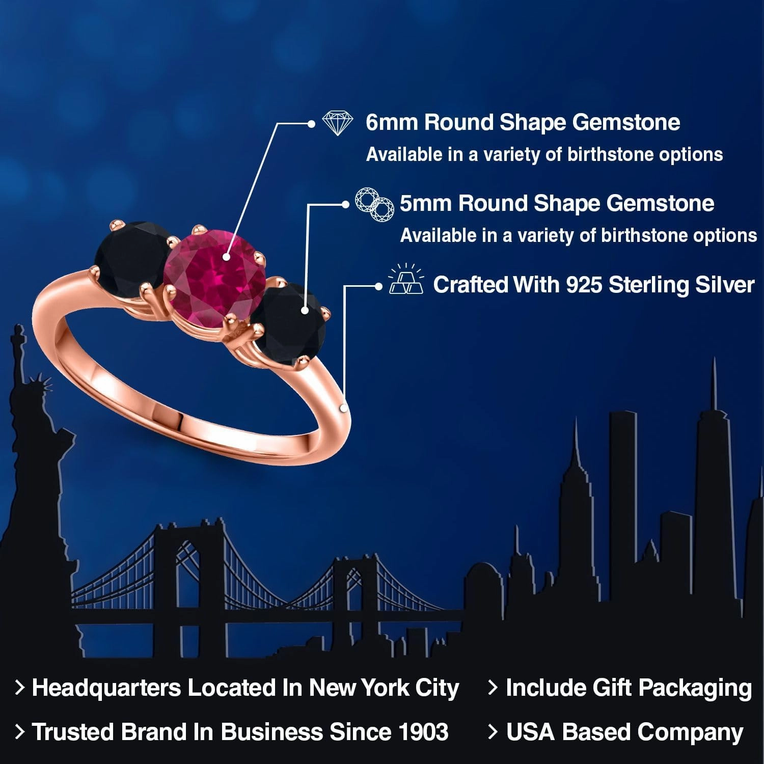 Gem Stone King 1.95 Ct Round Red Created Ruby Black Onyx 18K Rose Gold Plated Silver Ring
