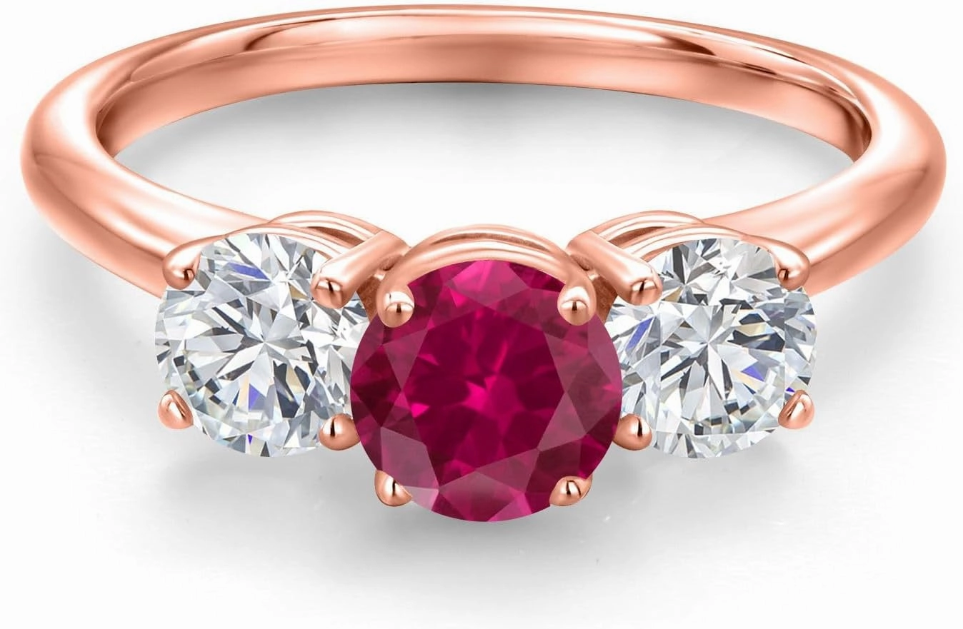 Gem Stone King 2.00 Ct Red Created Ruby G/H Lab Grown Diamond 18K Rose Gold Plated Silver Ring