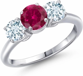 Gem Stone King 2.00 Ct Round Red Created Ruby Sky Blue Aquamarine 925 Sterling Silver Ring