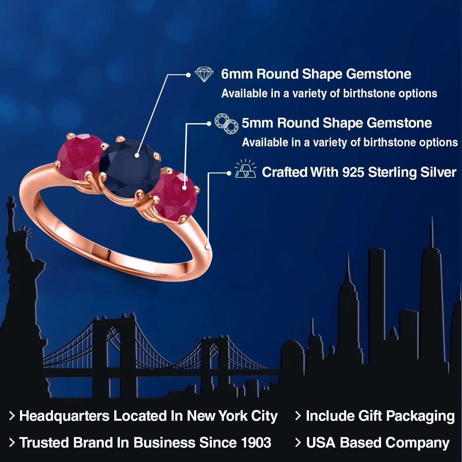 Gem Stone King 2.20 Ct Round Blue Sapphire Red Ruby 18K Rose Gold Plated Silver Ring