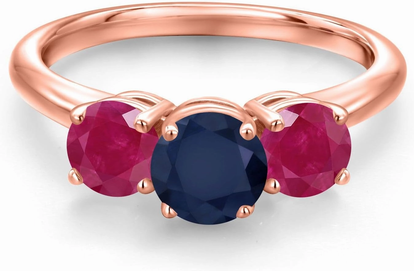 Gem Stone King 2.20 Ct Round Blue Sapphire Red Ruby 18K Rose Gold Plated Silver Ring
