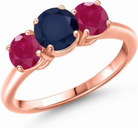 Gem Stone King 2.20 Ct Round Blue Sapphire Red Ruby 18K Rose Gold Plated Silver Ring