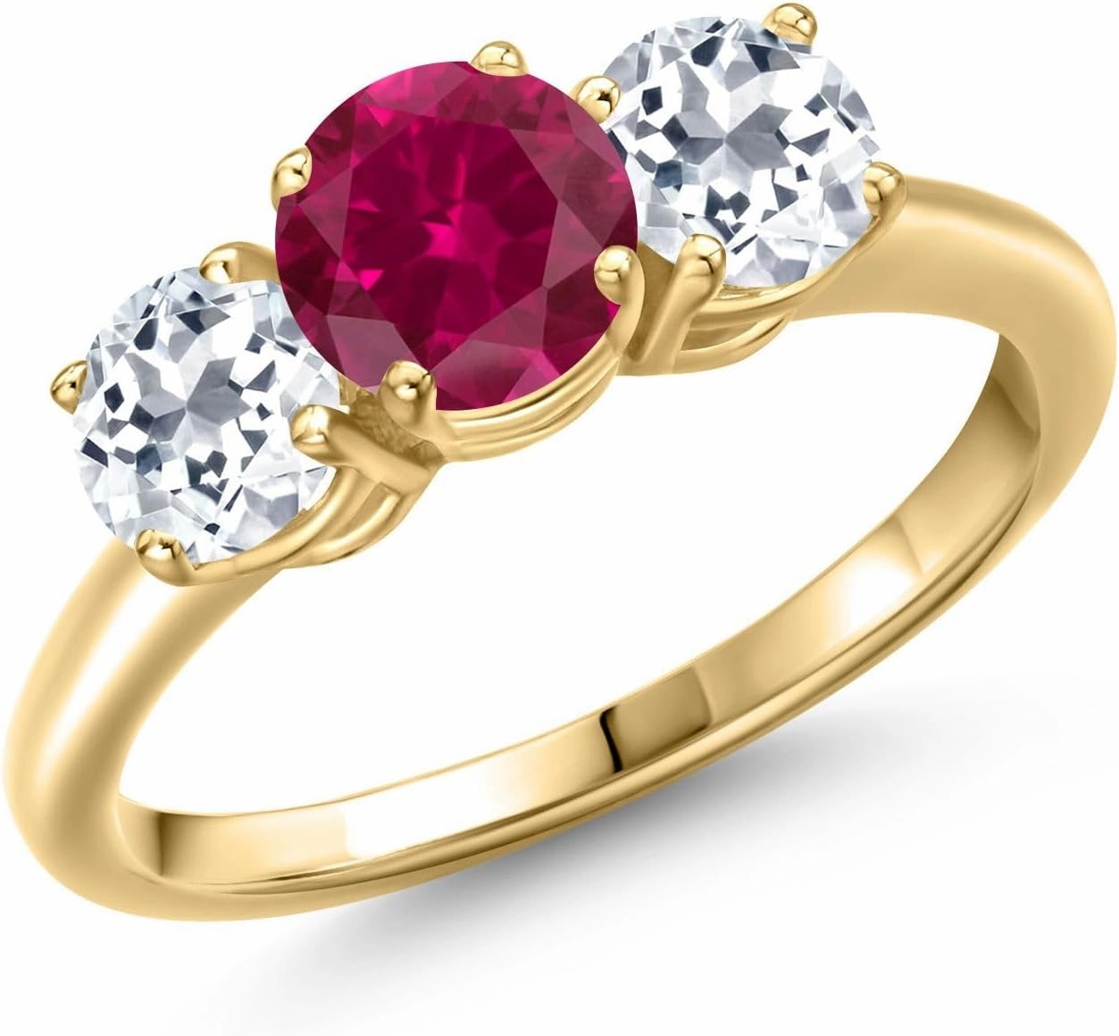 Gem Stone King 2.20 Ct Round Red Created Ruby White Topaz 18K Yellow Gold Plated Silver Ring