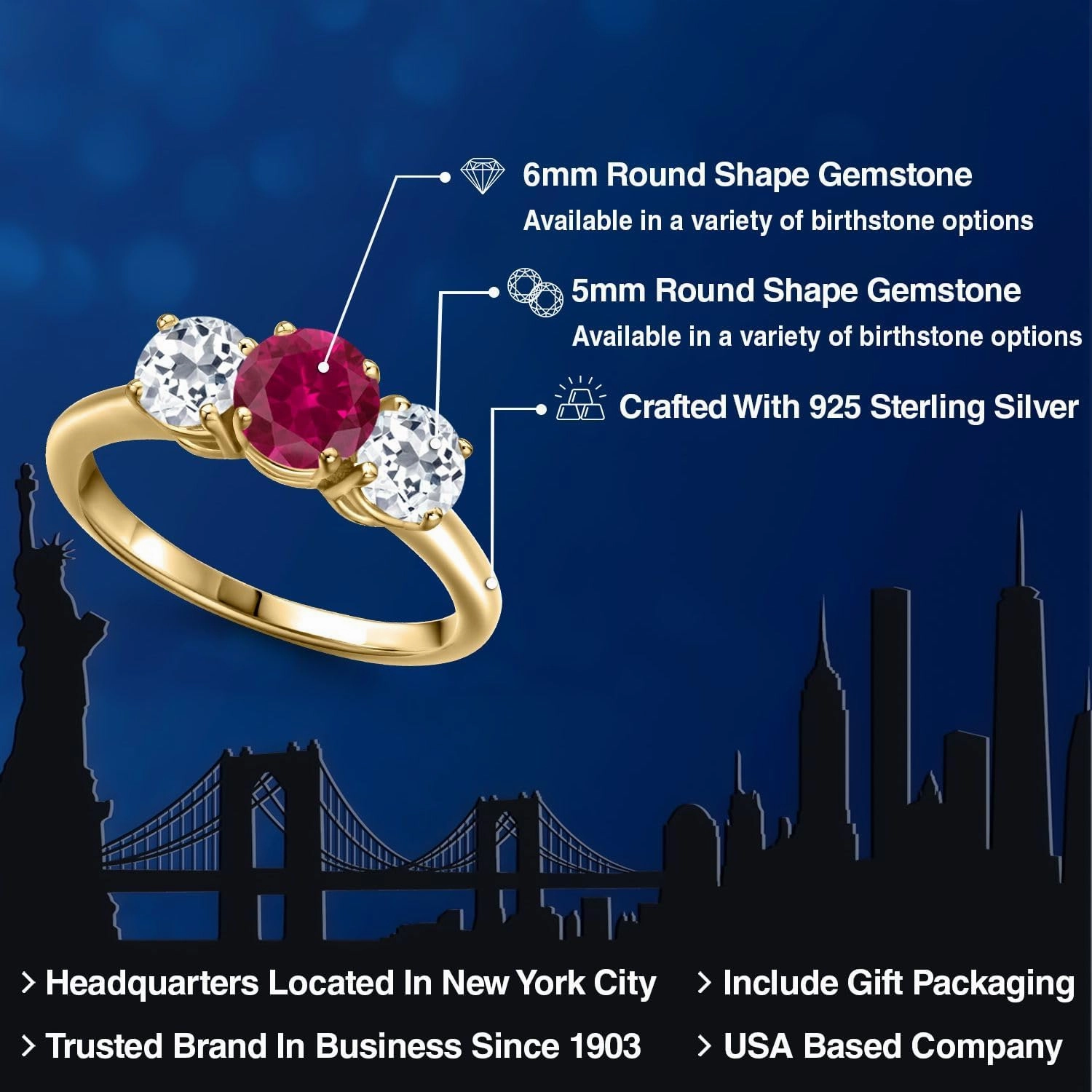 Gem Stone King 2.20 Ct Round Red Created Ruby White Topaz 18K Yellow Gold Plated Silver Ring