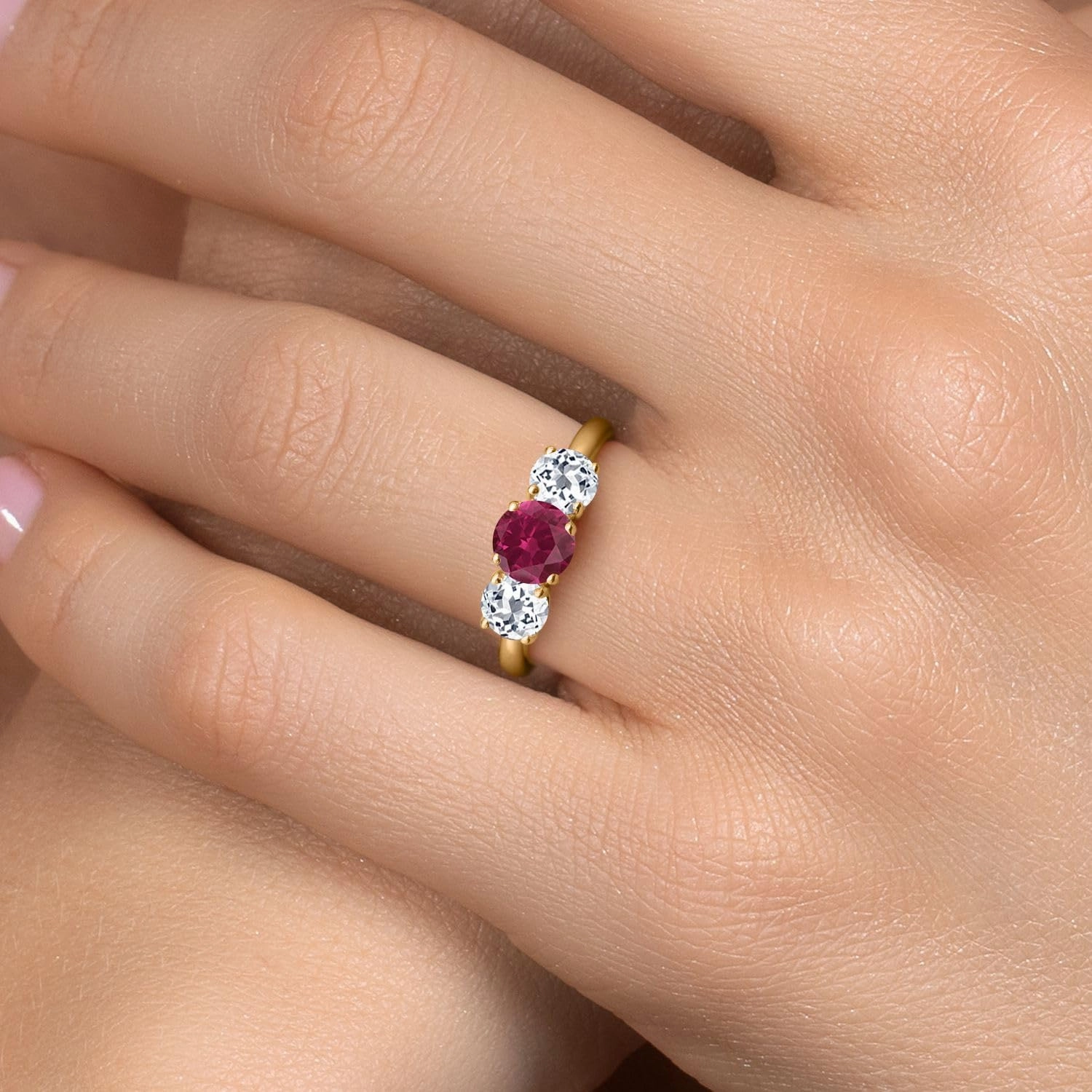 Gem Stone King 2.20 Ct Round Red Created Ruby White Topaz 18K Yellow Gold Plated Silver Ring