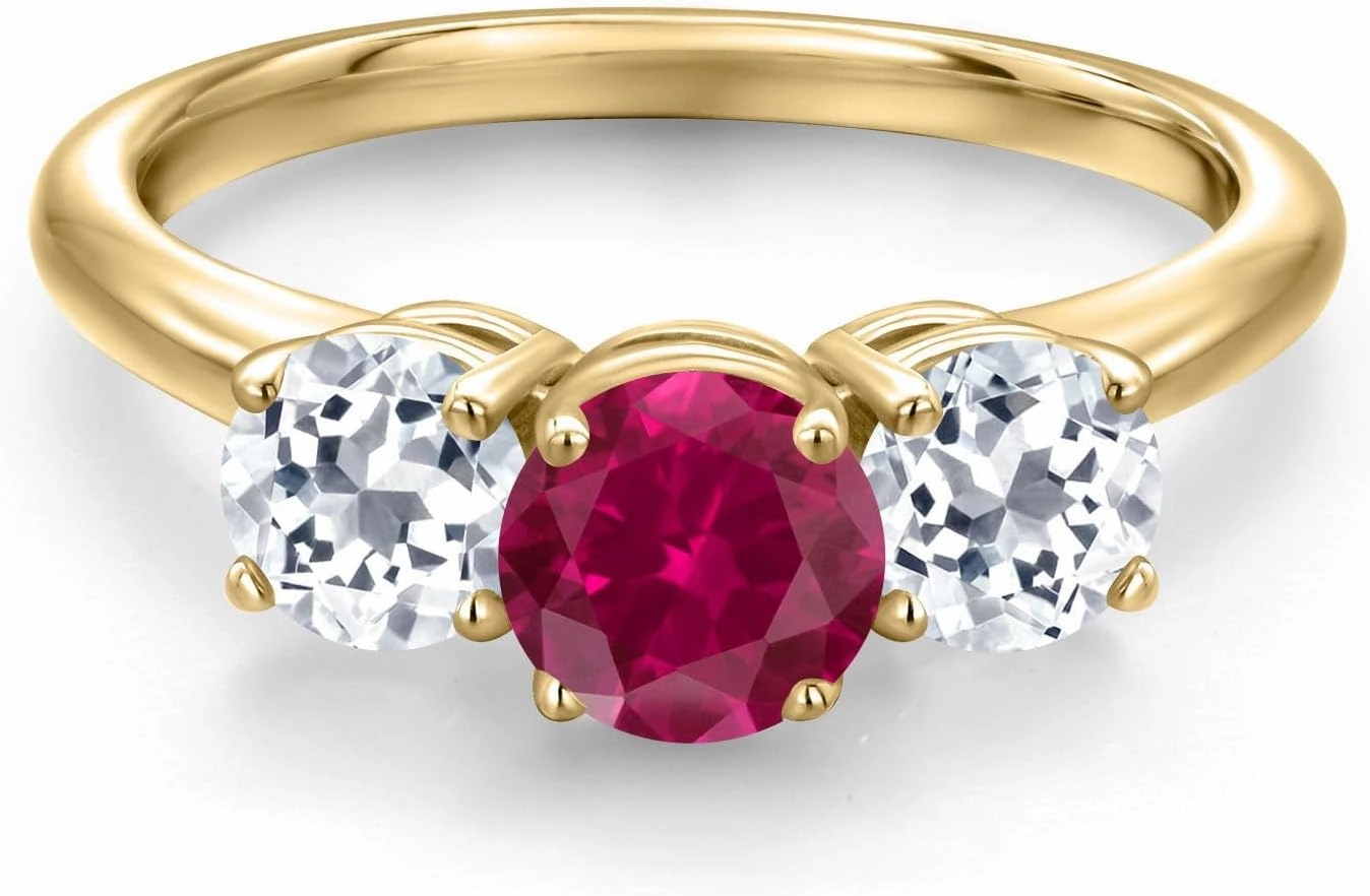 Gem Stone King 2.20 Ct Round Red Created Ruby White Topaz 18K Yellow Gold Plated Silver Ring