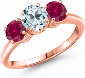 Gem Stone King 2.20 Ct Round Sky Blue Topaz Red Created Ruby 18K Rose Gold Plated Silver Ring
