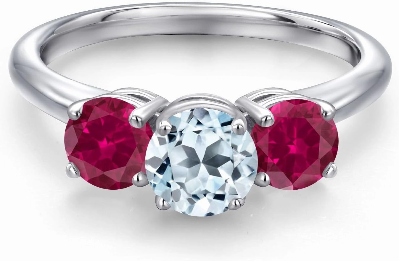 Gem Stone King 2.20 Ct Round Sky Blue Topaz Red Created Ruby 925 Sterling Silver Ring