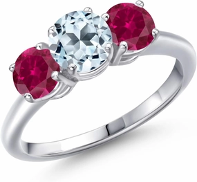 Gem Stone King 2.20 Ct Round Sky Blue Topaz Red Created Ruby 925 Sterling Silver Ring