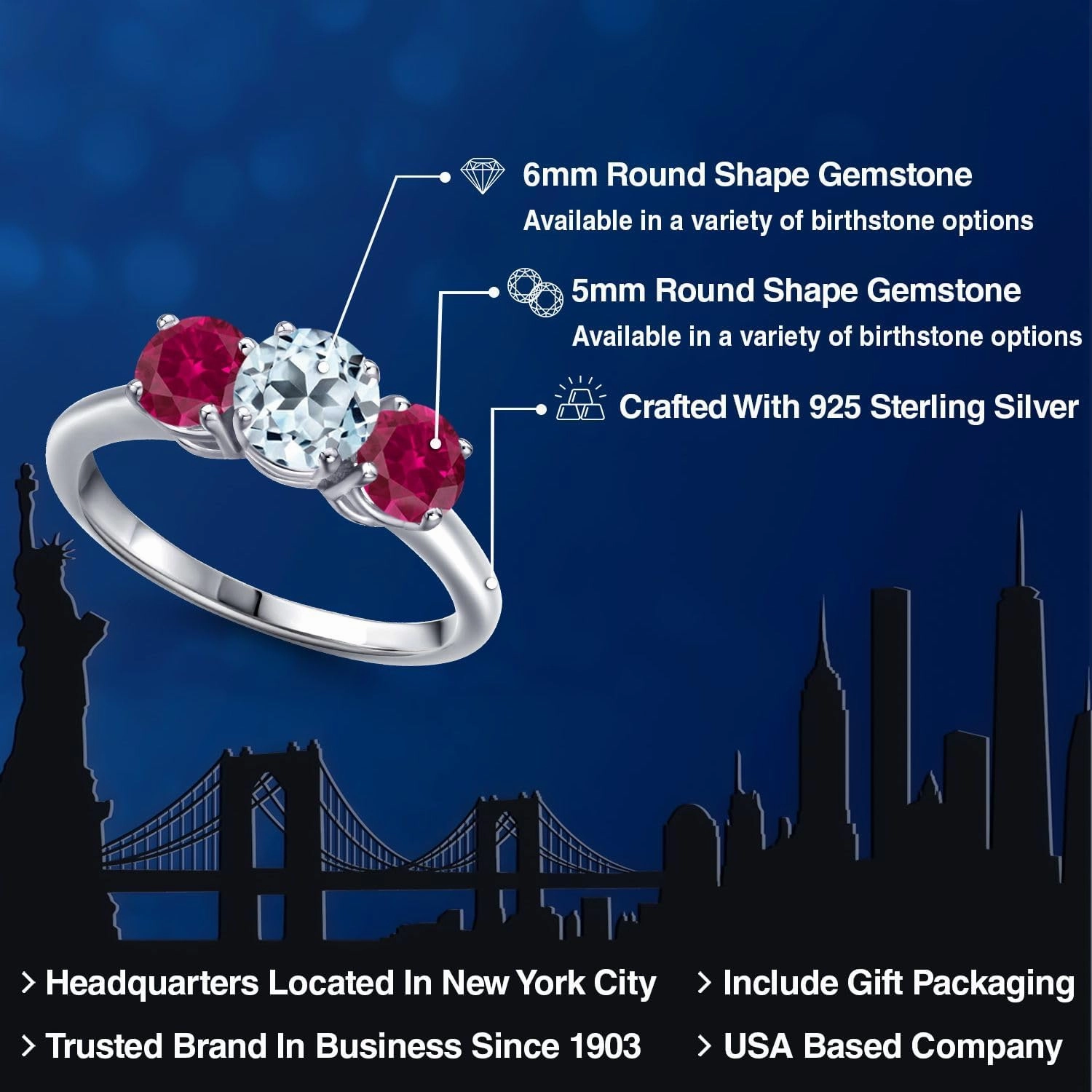 Gem Stone King 2.20 Ct Round Sky Blue Topaz Red Created Ruby 925 Sterling Silver Ring