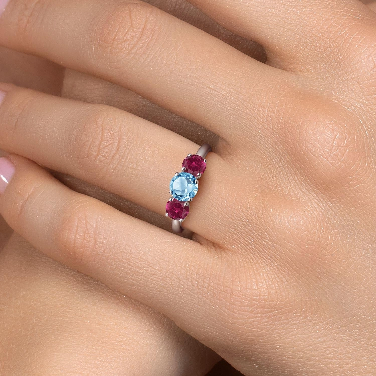 Gem Stone King 2.20 Ct Round Swiss Blue Topaz Red Created Ruby 925 Sterling Silver Ring