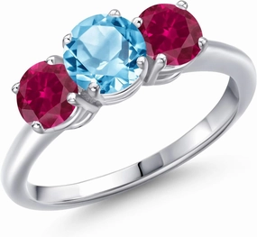 Gem Stone King 2.20 Ct Round Swiss Blue Topaz Red Created Ruby 925 Sterling Silver Ring