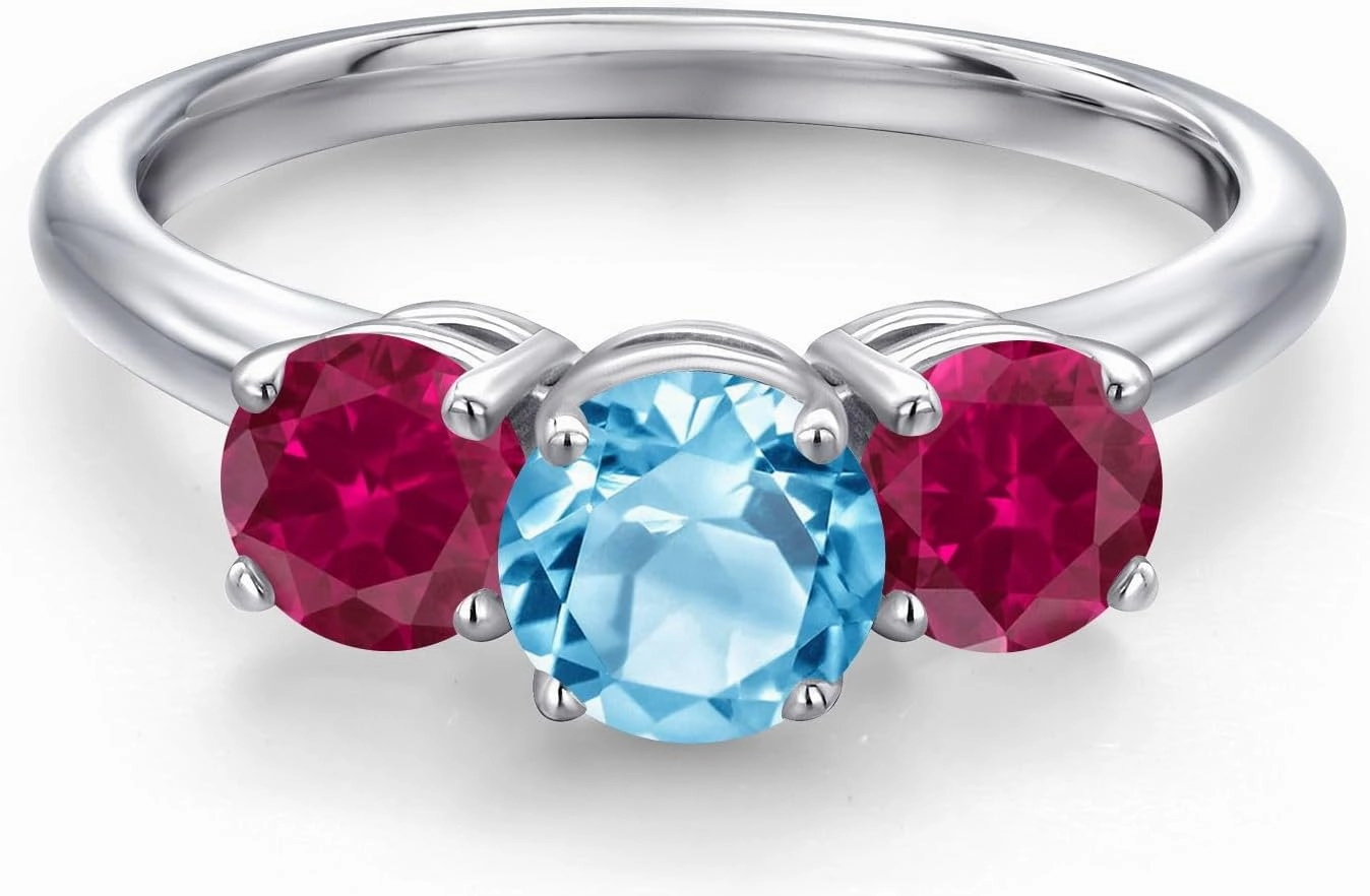 Gem Stone King 2.20 Ct Round Swiss Blue Topaz Red Created Ruby 925 Sterling Silver Ring