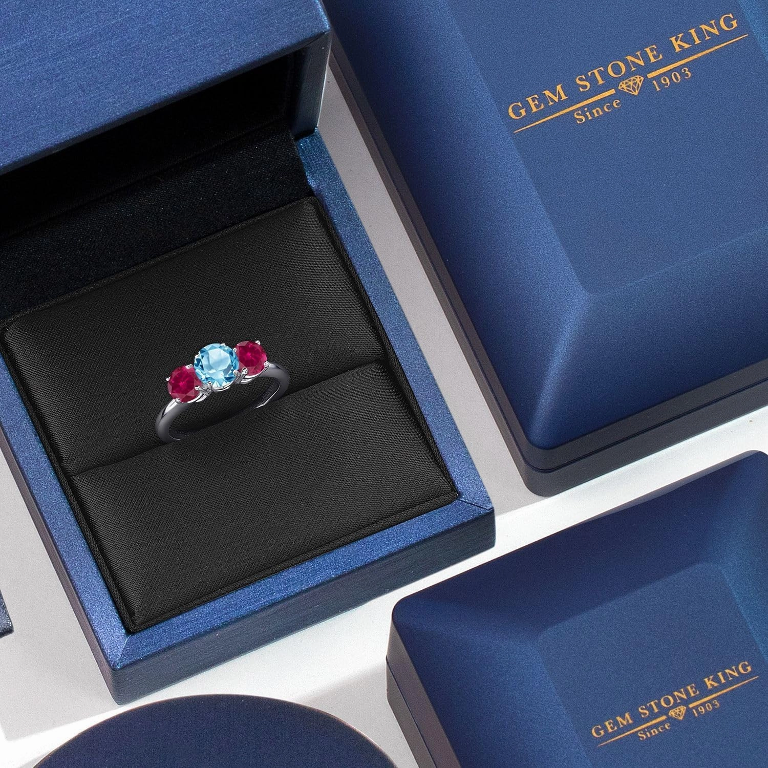 Gem Stone King 2.20 Ct Round Swiss Blue Topaz Red Created Ruby 925 Sterling Silver Ring