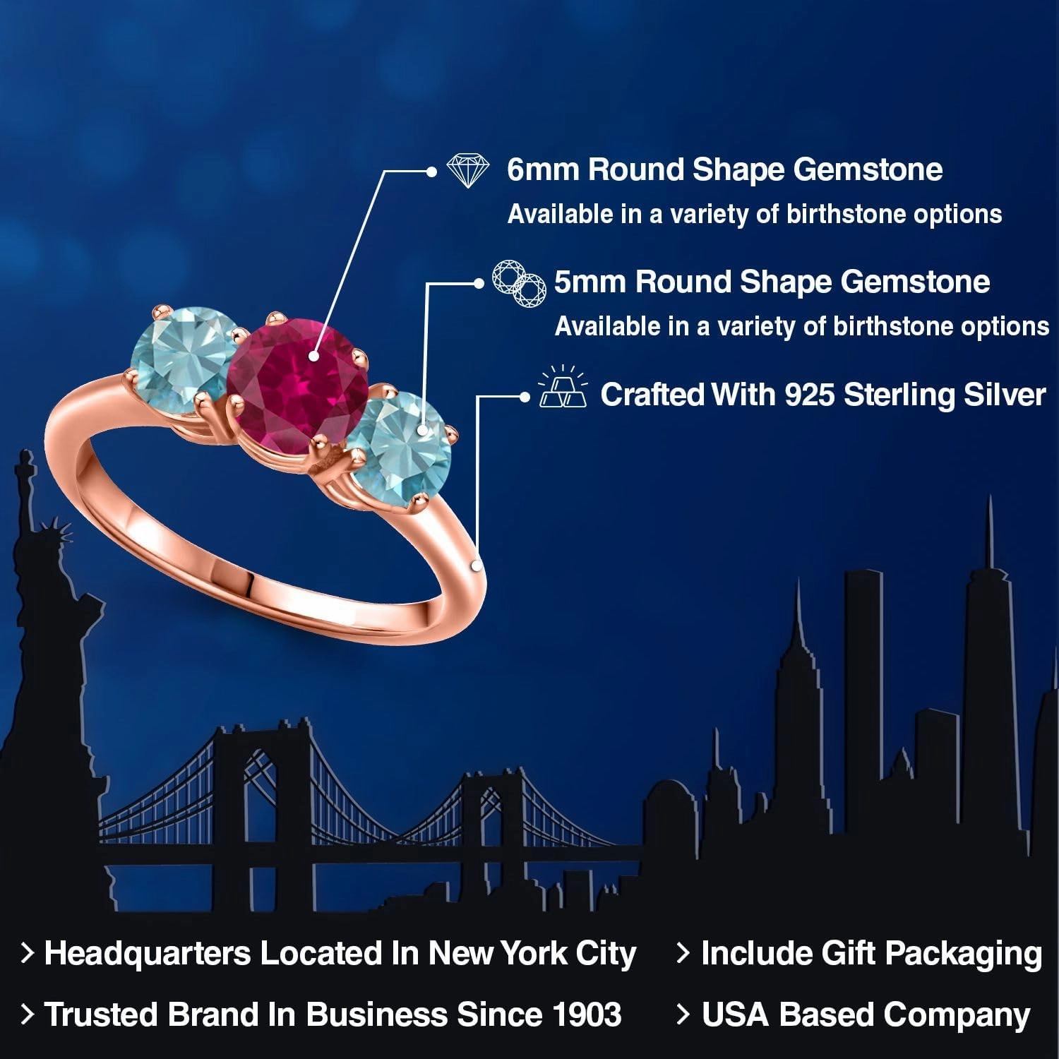 Gem Stone King 2.70 Ct Round Red Created Ruby Blue Zircon 18K Rose Gold Plated Silver Ring