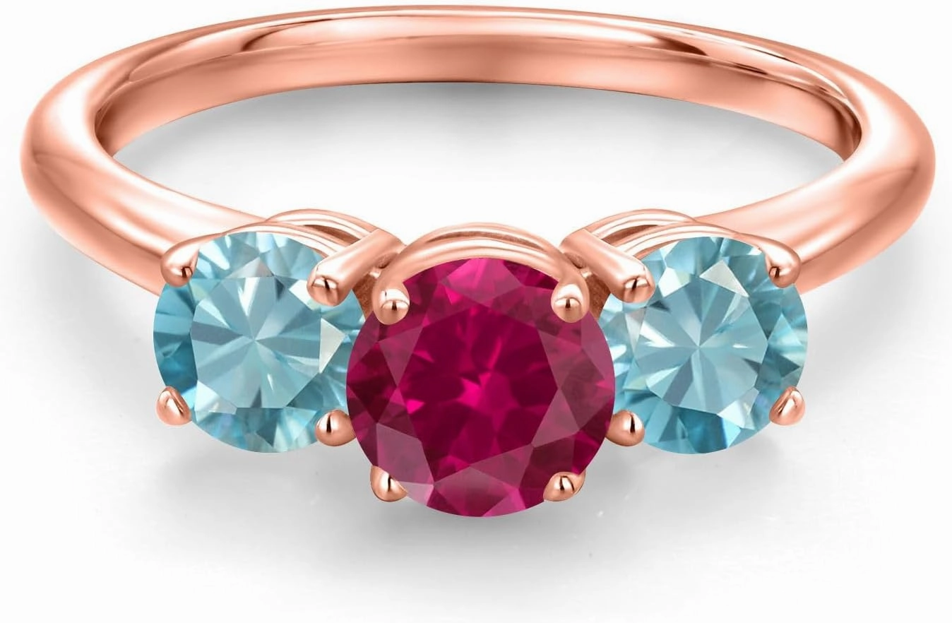 Gem Stone King 2.70 Ct Round Red Created Ruby Blue Zircon 18K Rose Gold Plated Silver Ring