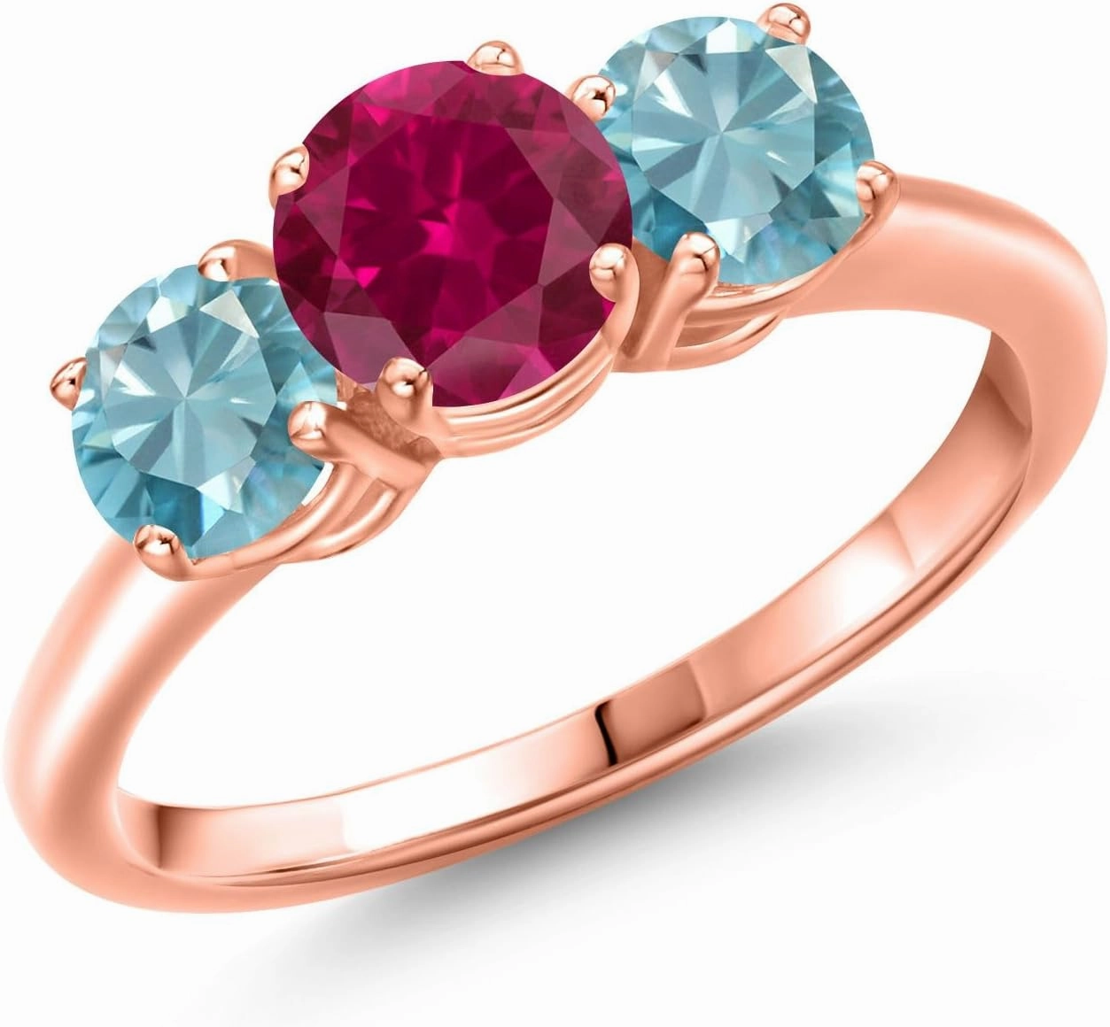 Gem Stone King 2.70 Ct Round Red Created Ruby Blue Zircon 18K Rose Gold Plated Silver Ring