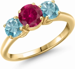 Gem Stone King 2.70 Ct Round Red Created Ruby Blue Zircon 18K Yellow Gold Plated Silver Ring