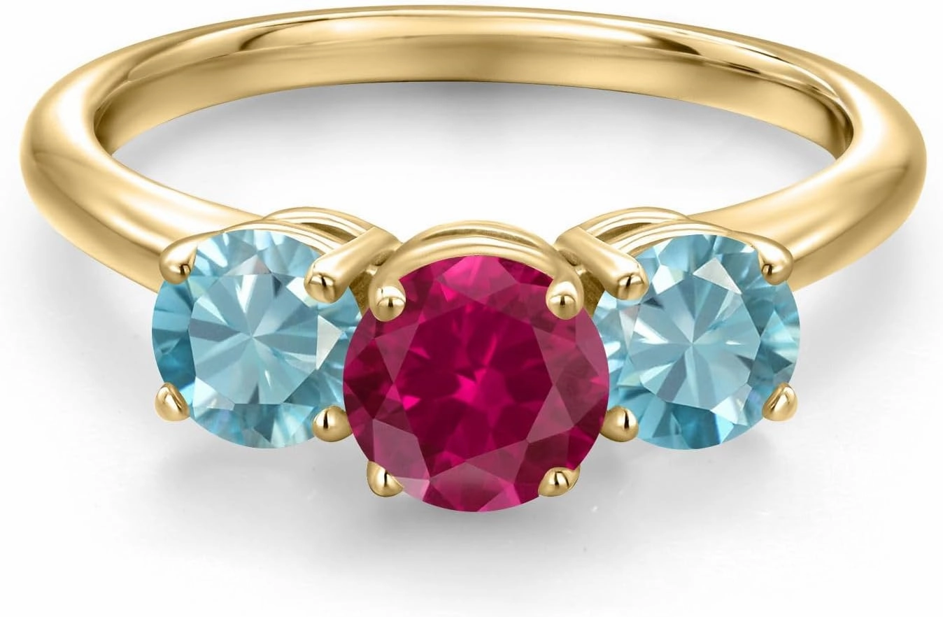 Gem Stone King 2.70 Ct Round Red Created Ruby Blue Zircon 18K Yellow Gold Plated Silver Ring