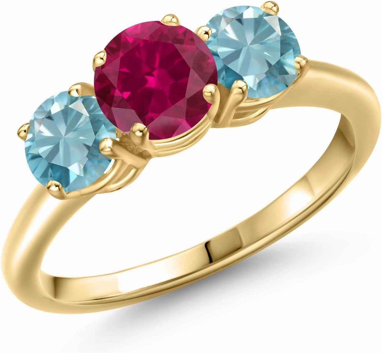 Gem Stone King 2.70 Ct Round Red Created Ruby Blue Zircon 18K Yellow Gold Plated Silver Ring