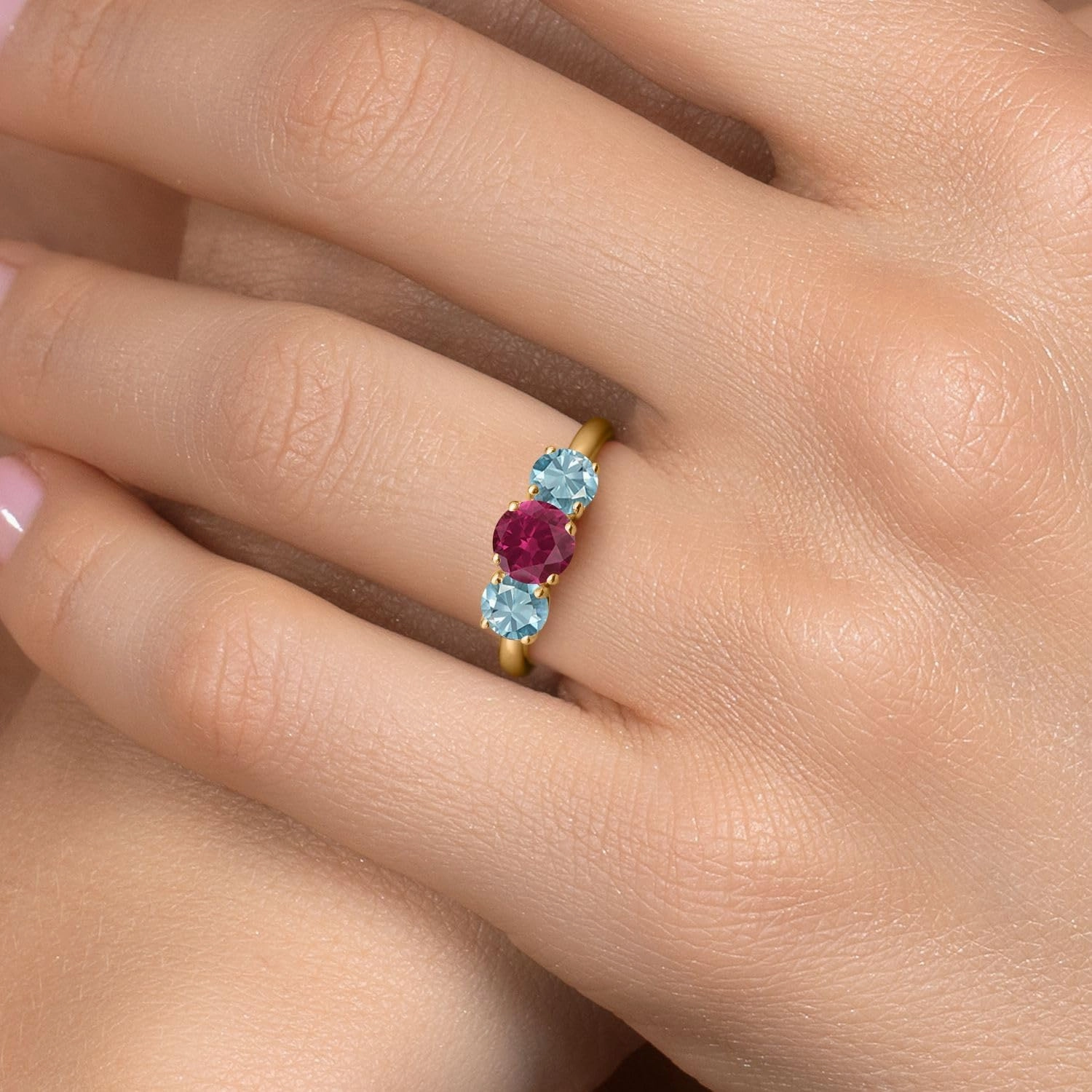 Gem Stone King 2.70 Ct Round Red Created Ruby Blue Zircon 18K Yellow Gold Plated Silver Ring