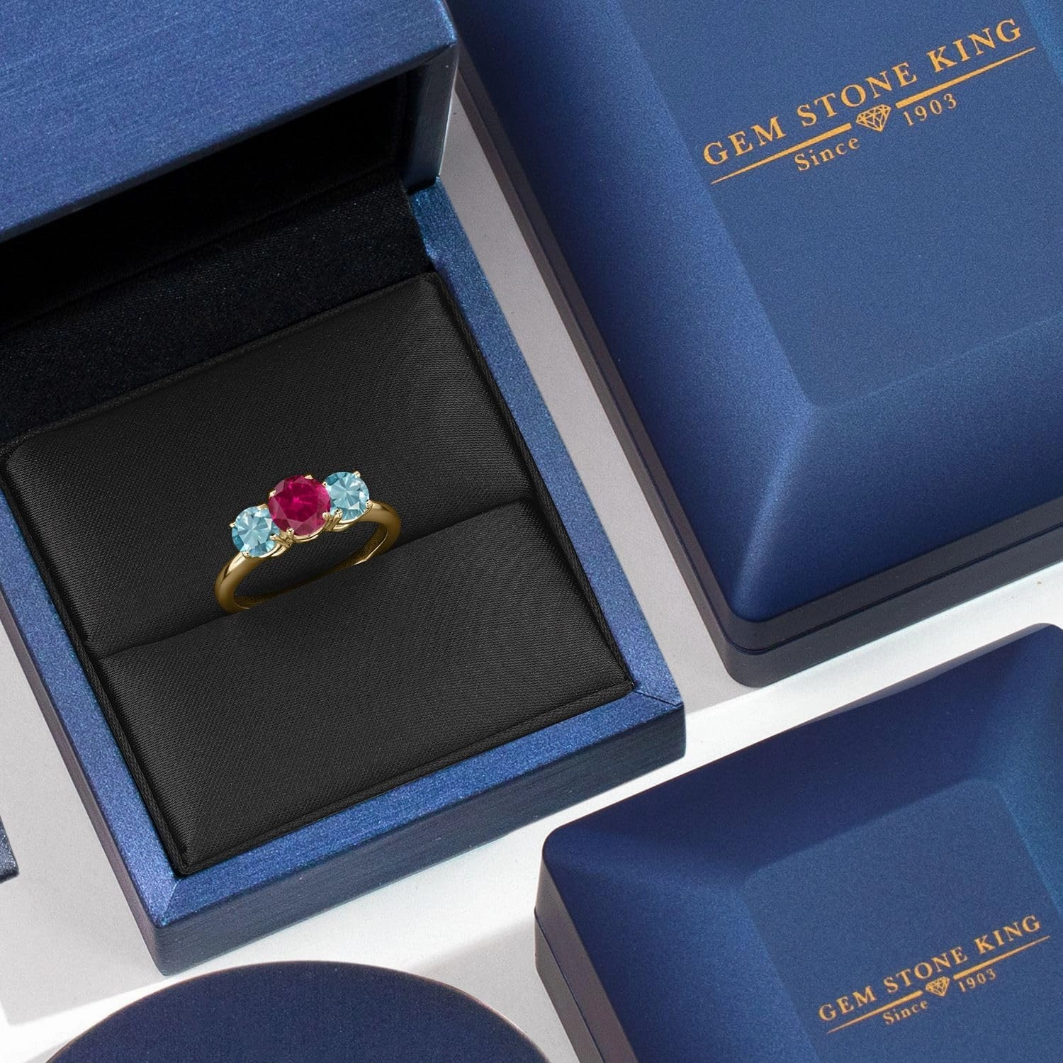 Gem Stone King 2.70 Ct Round Red Created Ruby Blue Zircon 18K Yellow Gold Plated Silver Ring