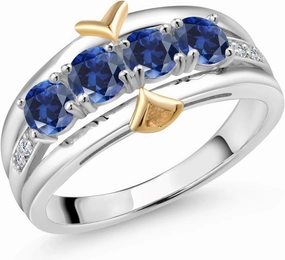Gem Stone King 925 Silver and 10K Yellow Gold Round Blue Created Sapphire and White Lab Grown Diamond 4-Stone Band Ring For Women (1.05 Cttw, Available In Size 5, 6, 7, 8, 9)