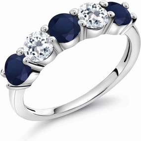 Gem Stone King 925 Sterling Silver Blue Sapphire and White Topaz Wedding Band Ring For Women (1.18 Cttw, Round 3.5MM, Gemstone September Birthstone, Available In Size 5, 6, 7, 8, 9)