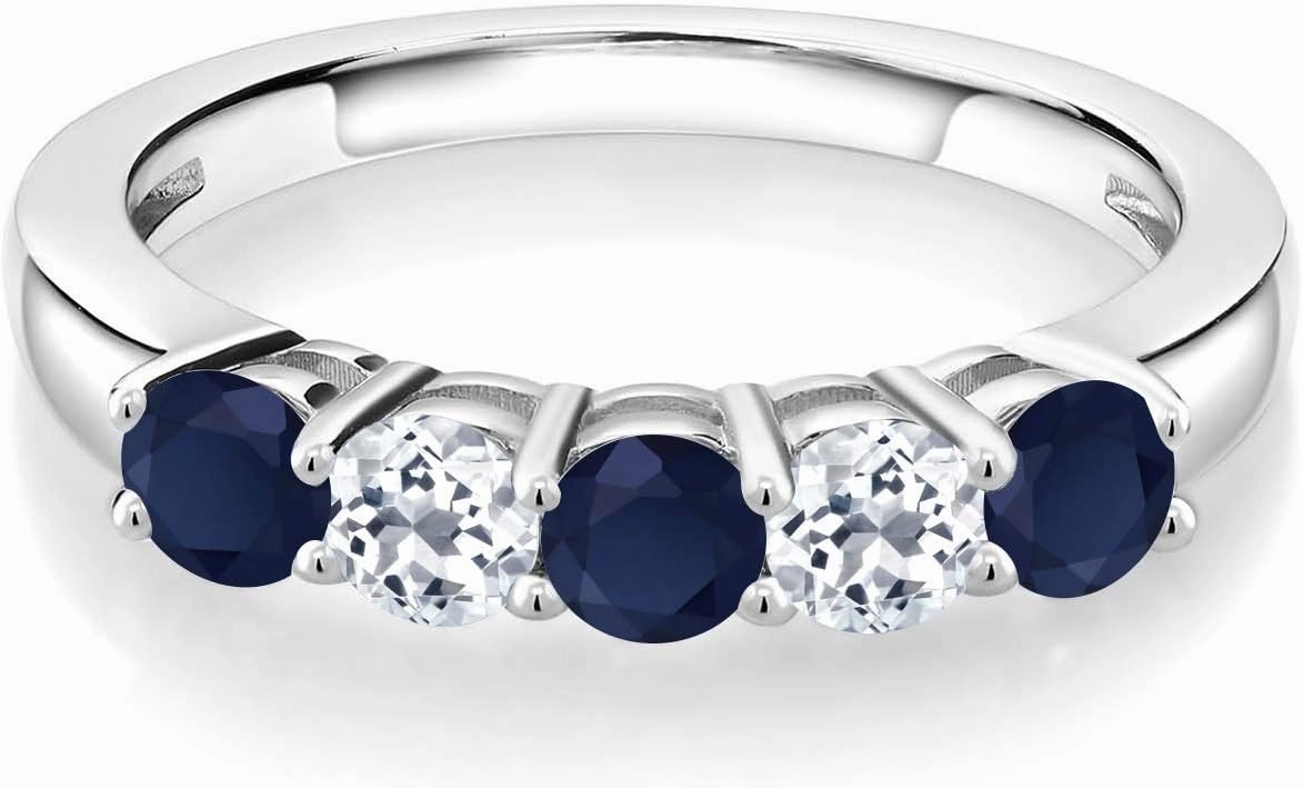 Gem Stone King 925 Sterling Silver Blue Sapphire and White Topaz Wedding Band Ring For Women (1.18 Cttw, Round 3.5MM, Gemstone September Birthstone, Available In Size 5, 6, 7, 8, 9)