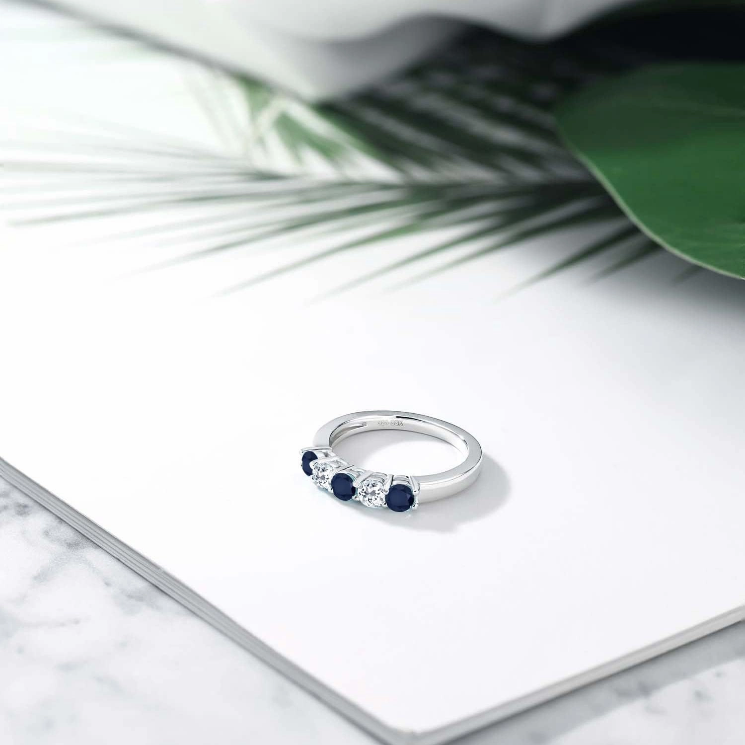 Gem Stone King 925 Sterling Silver Blue Sapphire and White Topaz Wedding Band Ring For Women (1.18 Cttw, Round 3.5MM, Gemstone September Birthstone, Available In Size 5, 6, 7, 8, 9)