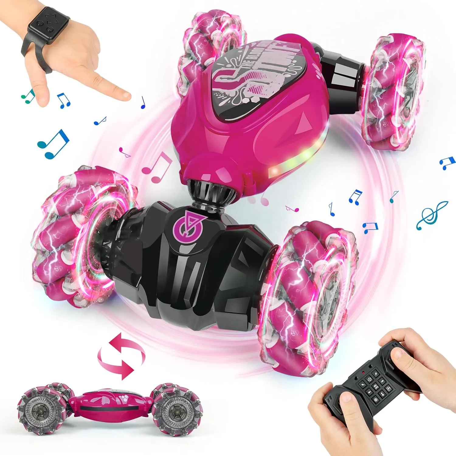 Gesture Sensing RC Stunt Car Toys for Girls Ages 4-12, 4WD Hand Controlled Remote Control Drift Cars with Light & Music, Pink Remote Control Car for 6 7 8 9 10 11 12 Year Old Girls Boys-Best Kids Toys