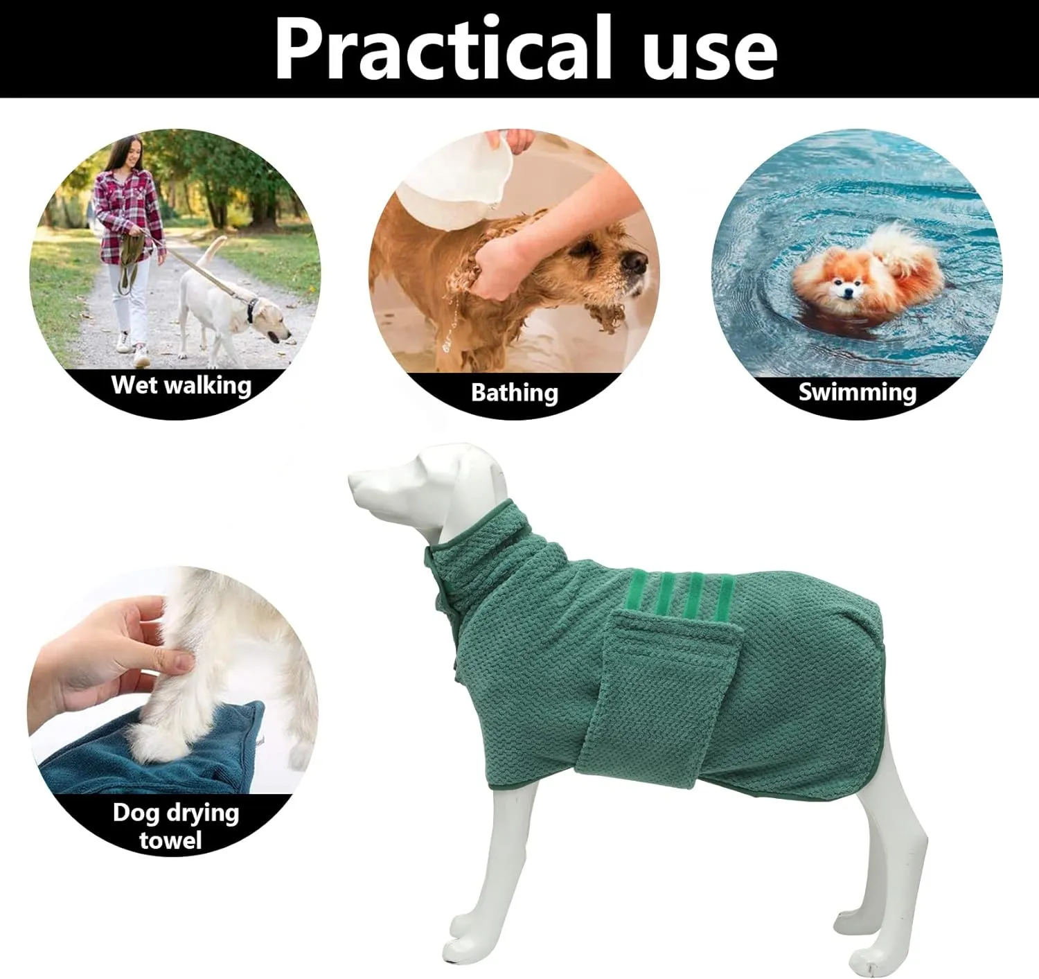 Geyecete Pineapple Grid Fast Drying Super Absorbent Dog Cat Bath Robe Towel - Green-M
