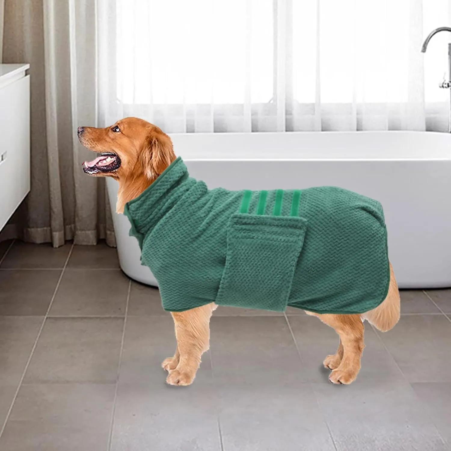 Geyecete Pineapple Grid Fast Drying Super Absorbent Dog Cat Bath Robe Towel - Green-M