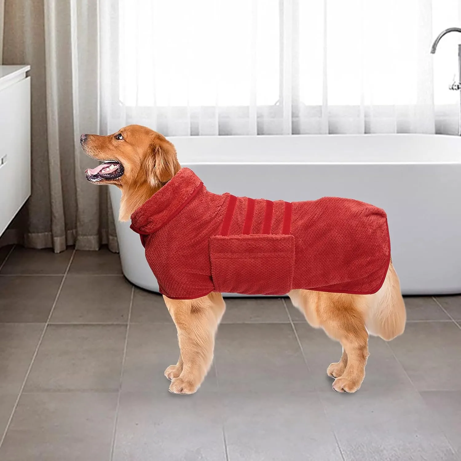 Geyecete Pineapple Grid Fast Drying Super Absorbent Dog Cat Bath Robe Towel - Red-M