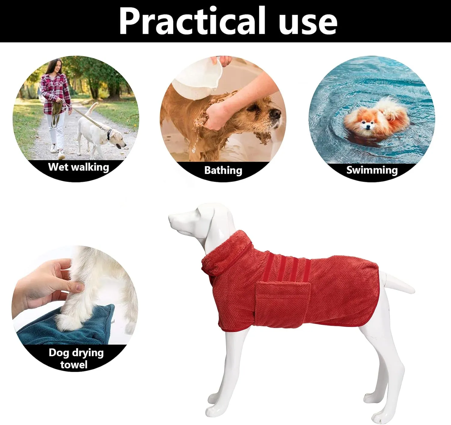 Geyecete Pineapple Grid Fast Drying Super Absorbent Dog Cat Bath Robe Towel - Red-M