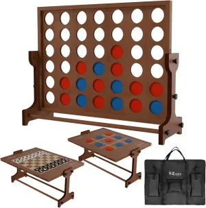 Giant Wooden 4 in a Row Game W/Quick Release Lever, 4 in 1 Wooden Game Set: Big Chess & Checkers, Tic Tac Toe, Connect 4 Game Outdoor Yard Games for Family Party Fun Lawn Games for Adults