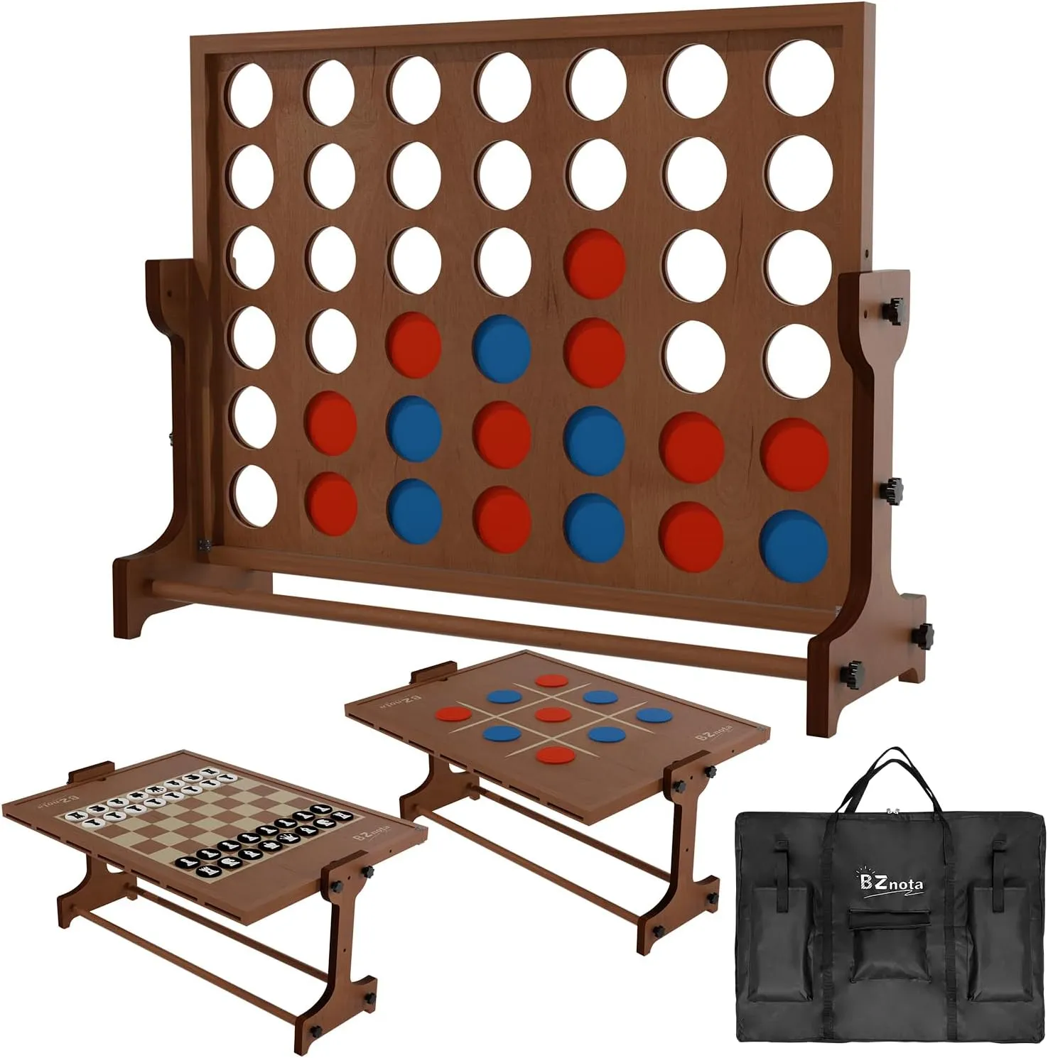 Giant Wooden 4 in a Row Game W/Quick Release Lever, 4 in 1 Wooden Game Set: Big Chess & Checkers, Tic Tac Toe, Connect 4 Game Outdoor Yard Games for Family Party Fun Lawn Games for Adults